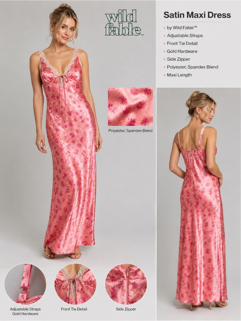 Wild Fable Pink Floral Satin Lace Trim Maxi Slip Dress Size Small